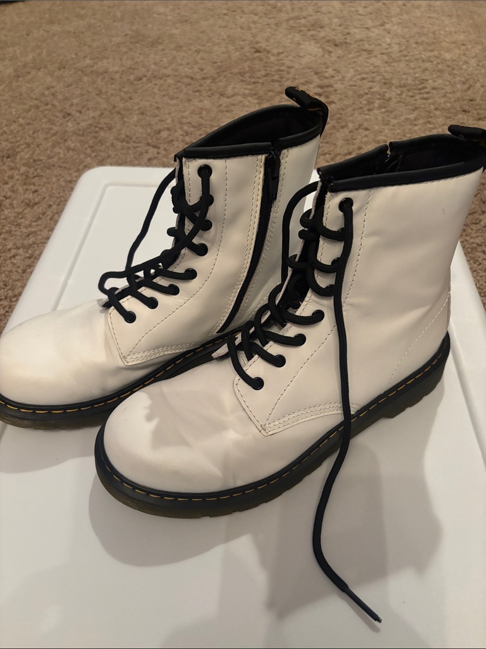 Dr. Martens White Lace-Up Combat Boots with Black Trim Size 6 Youth